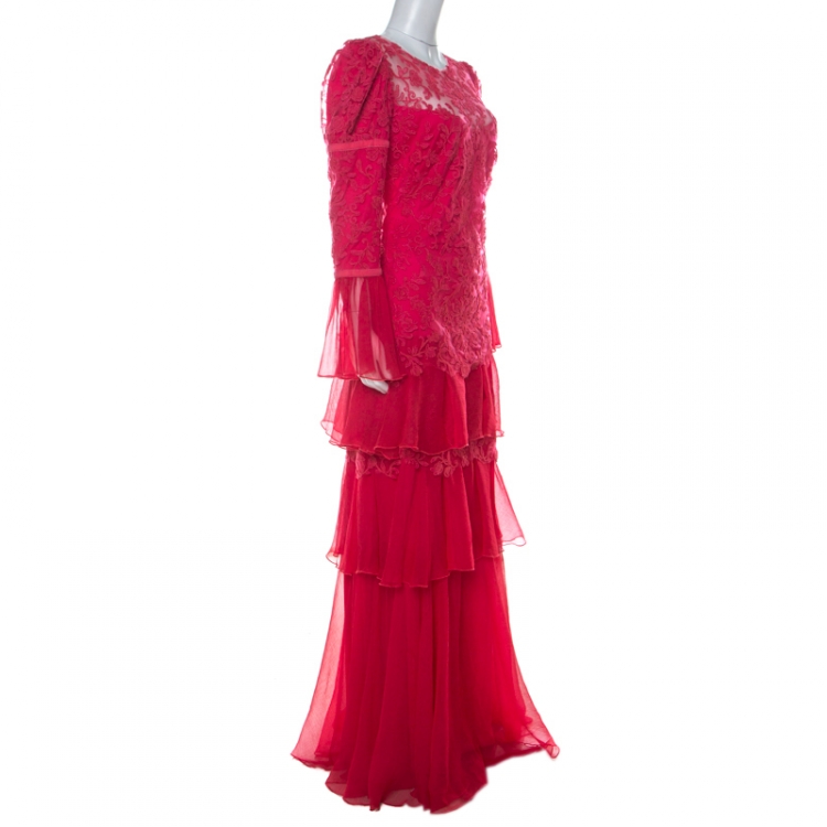 Pre Owned Tadashi Shoji Pink Chiffon and Lace Tiered Moreau Gown S
