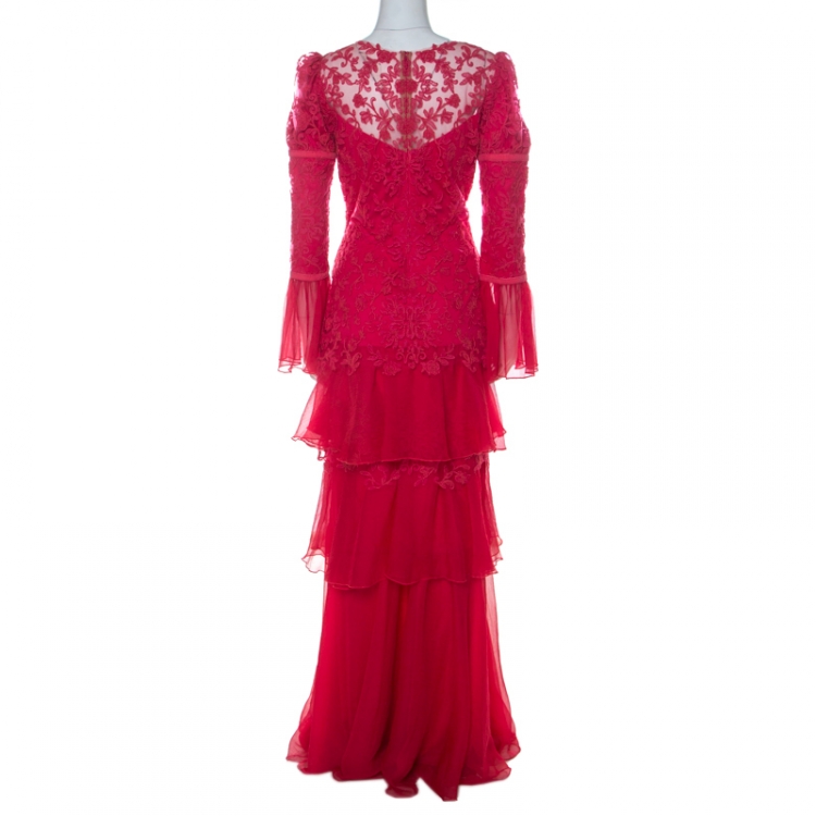 Pre Owned Tadashi Shoji Pink Chiffon and Lace Tiered Moreau Gown S