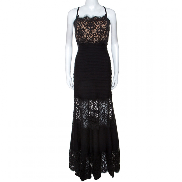 Pre Owned Tadashi Shoji Black Lace Insert Pintuck Detail Evening Gown L