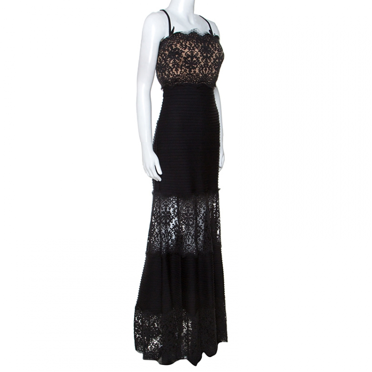 Pre Owned Tadashi Shoji Black Lace Insert Pintuck Detail Evening Gown L