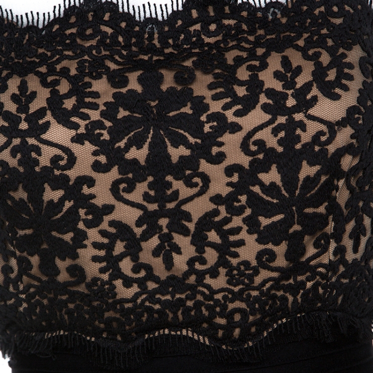 Pre Owned Tadashi Shoji Black Lace Insert Pintuck Detail Evening Gown L