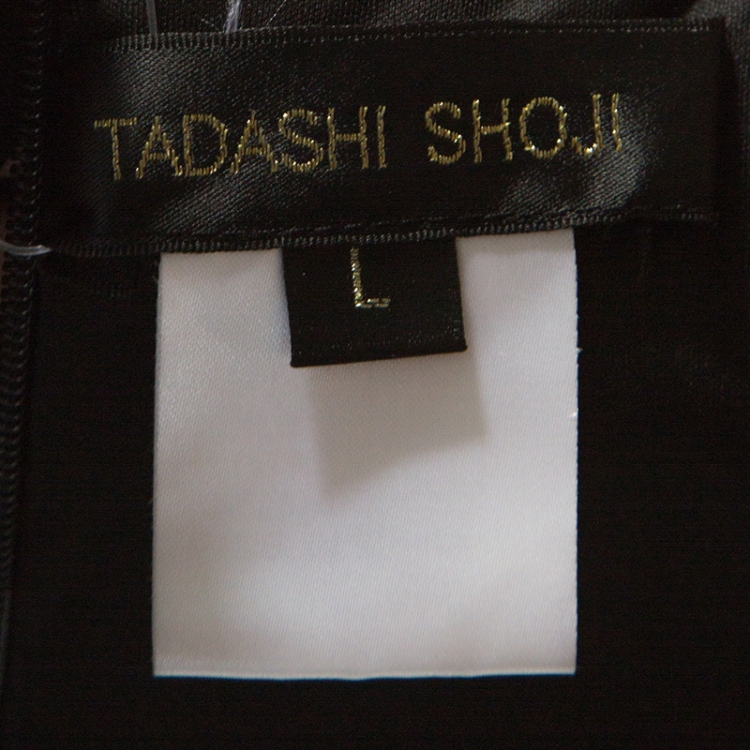 Pre Owned Tadashi Shoji Black Lace Insert Pintuck Detail Evening Gown L