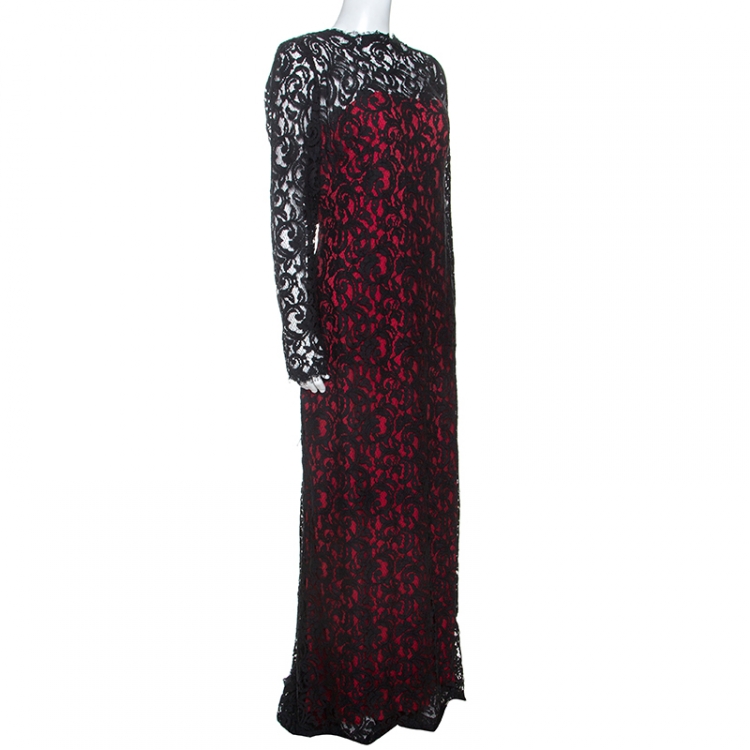 Pre Owned Tadashi Shoji Black and Red Lace Long Sleeve Gown XL