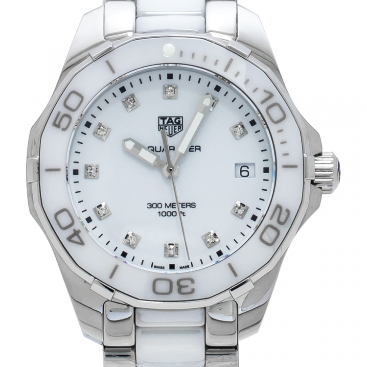 Pre Owned TAG Heuer White Ceramic Stainless Steel Aquaracer WAY131D.BA0914 Women's Wristwatch 35 mm