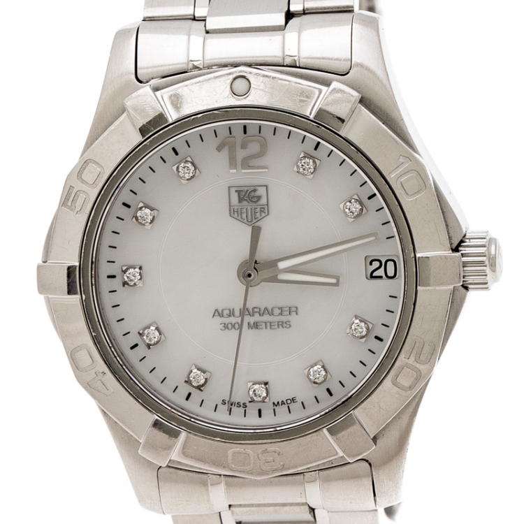 Pre Owned Tag Heuer Mother of Pearl Stainless Steel Diamond Aquaracer WAF1312.BA0817 Women's Wristwatch 33 mm