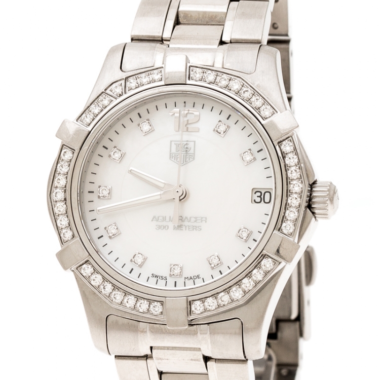 Pre Owned Tag Heuer White Mother of Pearl Diamonds Aquaracer WAF1313 Women's Wristwatch 33 mm