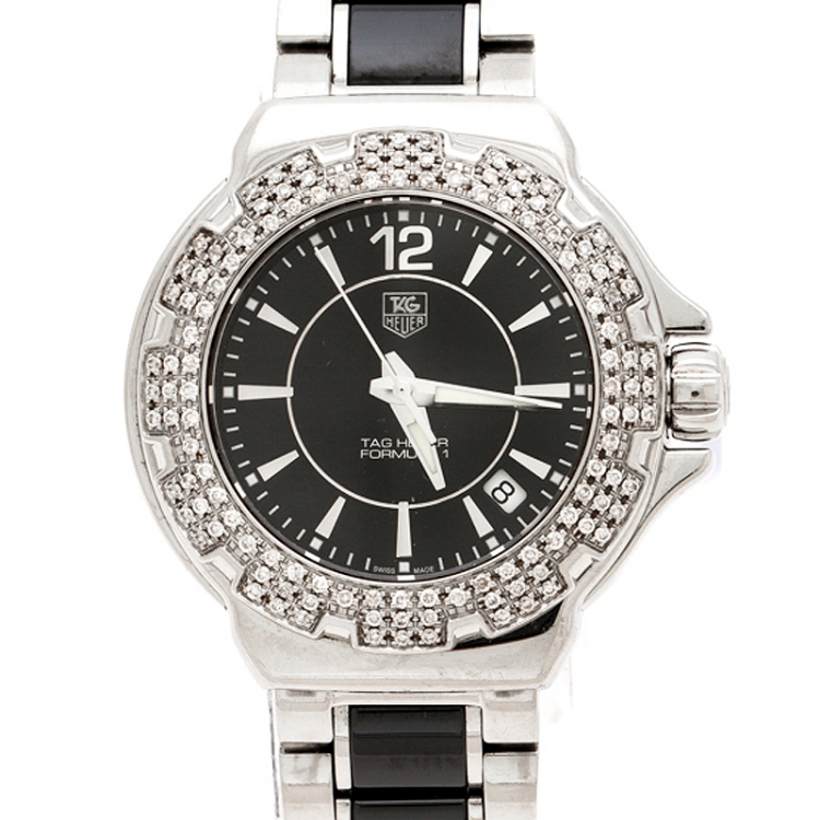 Pre Owned Tag Heuer Black Ceramic Stainless Steel Diamonds Formula 1 Women's Wristwatch 37 mm