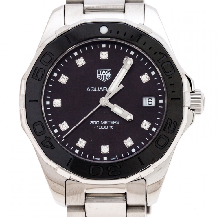Pre Owned Tag Heuer Black Mother Of Pearl Ceramic Diamonds Aquaracer WAY131M Women's Wristwatch 35 mm
