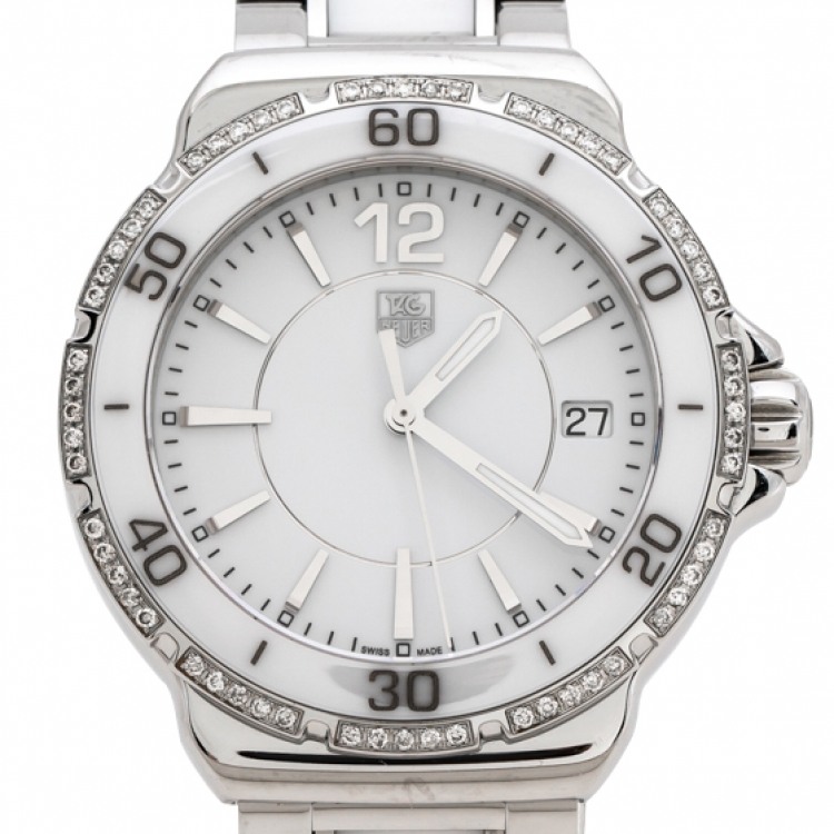 Pre Owned Tag Heuer White Stainless Steel Ceramic Diamond Formula 1 WAH1213 Women's Wristwatch 34 mm