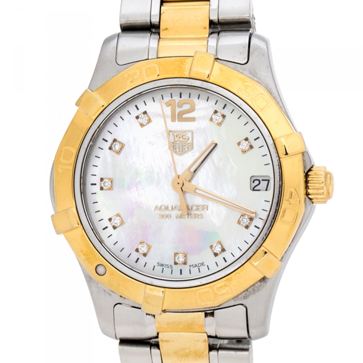 Pre Owned Tag Heuer Mother Of Pearl Two-Tone Stainless Steel Diamond Aquaracer WAF1320 Women's Wristwatch 32 mm