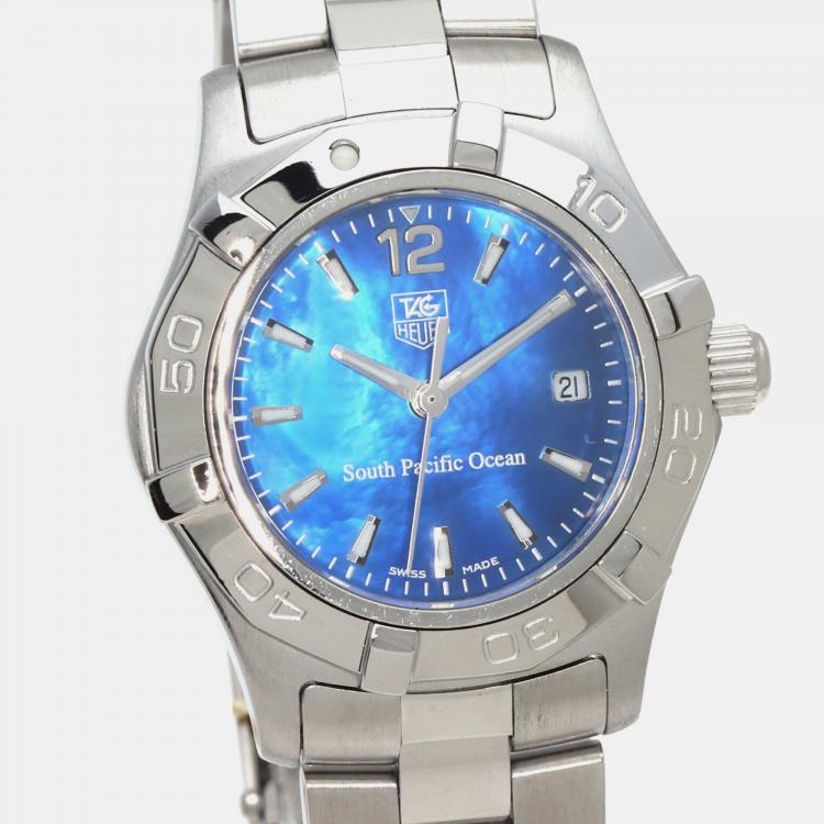 Pre Owned Tag Heuer Blue Stainless Steel Aquaracer WAF141P Quartz Women's Wristwatch 34 mm