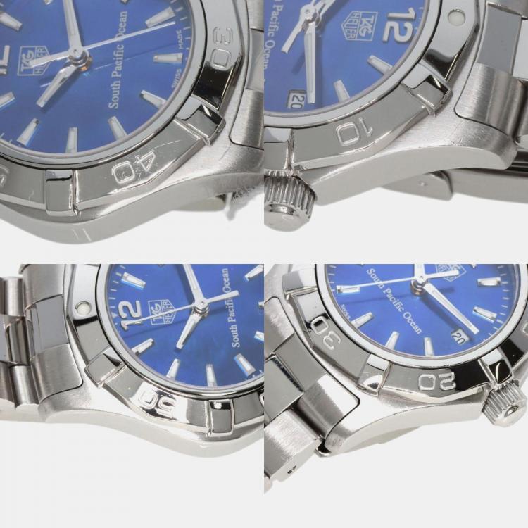 Pre Owned Tag Heuer Blue Stainless Steel Aquaracer WAF141P Quartz Women's Wristwatch 34 mm