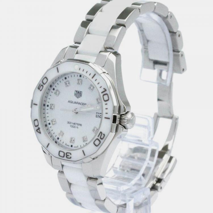 Pre Owned Tag Heuer White Stainless Steel Aquaracer Quartz Women's Wristwatch 35 mm