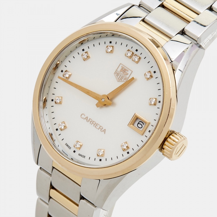 Pre Owned Tag Heuer Mother Of Pearl Diamond 18K Rose Gold Stainless Steel Carrera WAR1352.BD0779 Women's Wristwatch 32 mm