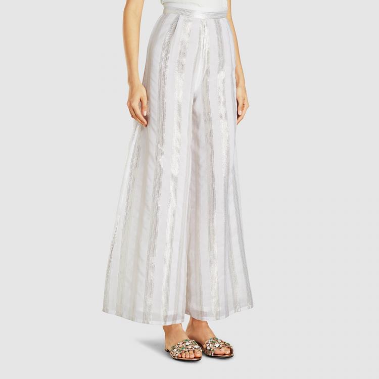 Pre Owned Taller Marmo White Mallorca Metallic Striped Organza Trousers Size IT 38