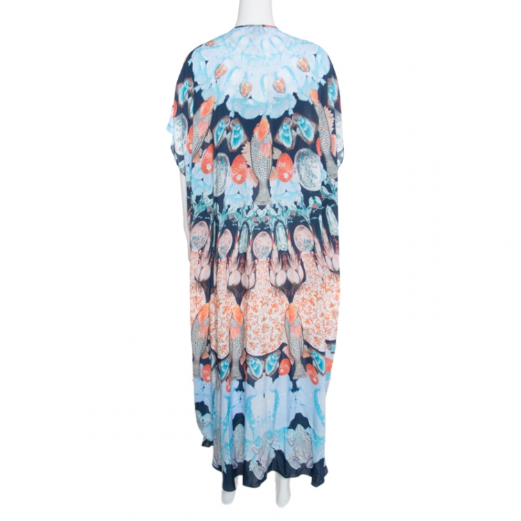 Pre Owned Temperley London Navy Mix Botanical Printed Quartz Maxi Kaftan L