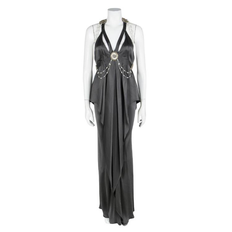 Pre Owned Temperley London Charcoal Grey Silk Embellished Backless Layered Gown M