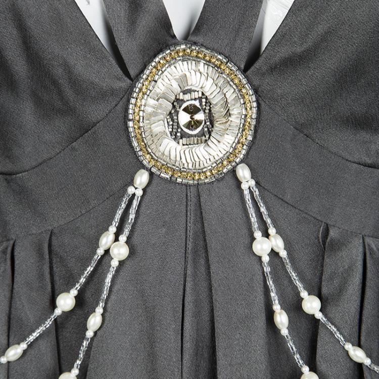 Pre Owned Temperley London Charcoal Grey Silk Embellished Backless Layered Gown M