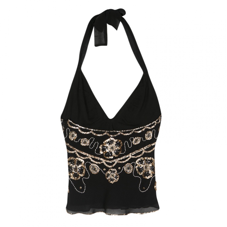 Pre Owned Temperley London Black Silk Embellished Halter Top S