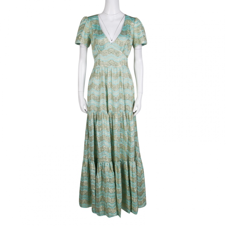 Pre Owned Temperley London Aqua Lurex Detail Jacquard Tie Detail Verve Gown M