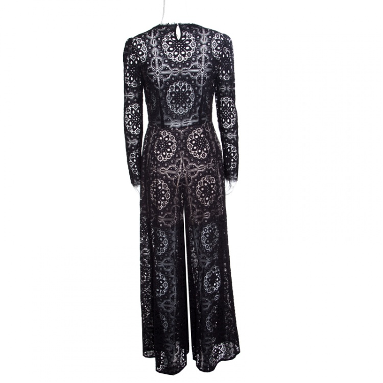 Pre Owned Temperley Black Cutout Floral Lace Nomi Cropped Palazzo Jumpsuit M