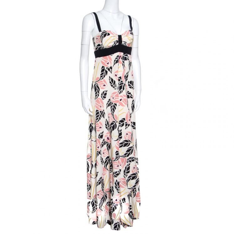 Pre Owned Temperley Beige Rose Printed Silk Contrast Trim Waterfall Gown M
