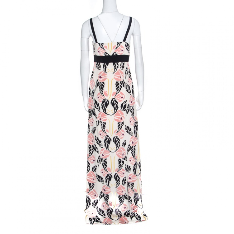 Pre Owned Temperley Beige Rose Printed Silk Contrast Trim Waterfall Gown M