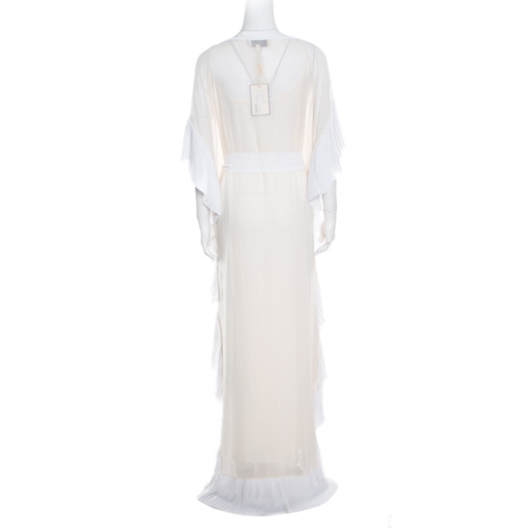 Pre Owned Temperley Cream Silk Pleated Border Detail Belted Keira Kaftan Maxi Dress L
