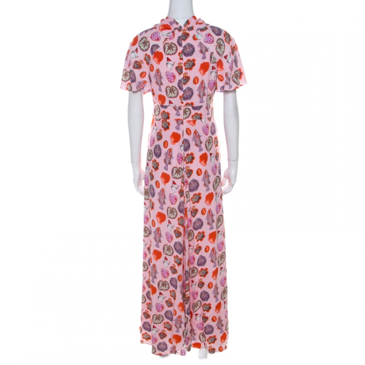 Pre Owned Temperley Blush Pink Printed Crepe  Twisted Neck Detail Elixir Dress M