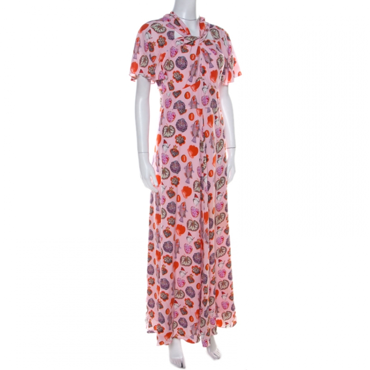 Pre Owned Temperley Blush Pink Printed Crepe  Twisted Neck Detail Elixir Dress M