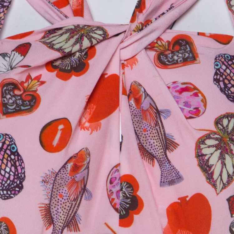 Pre Owned Temperley Blush Pink Printed Crepe  Twisted Neck Detail Elixir Dress M