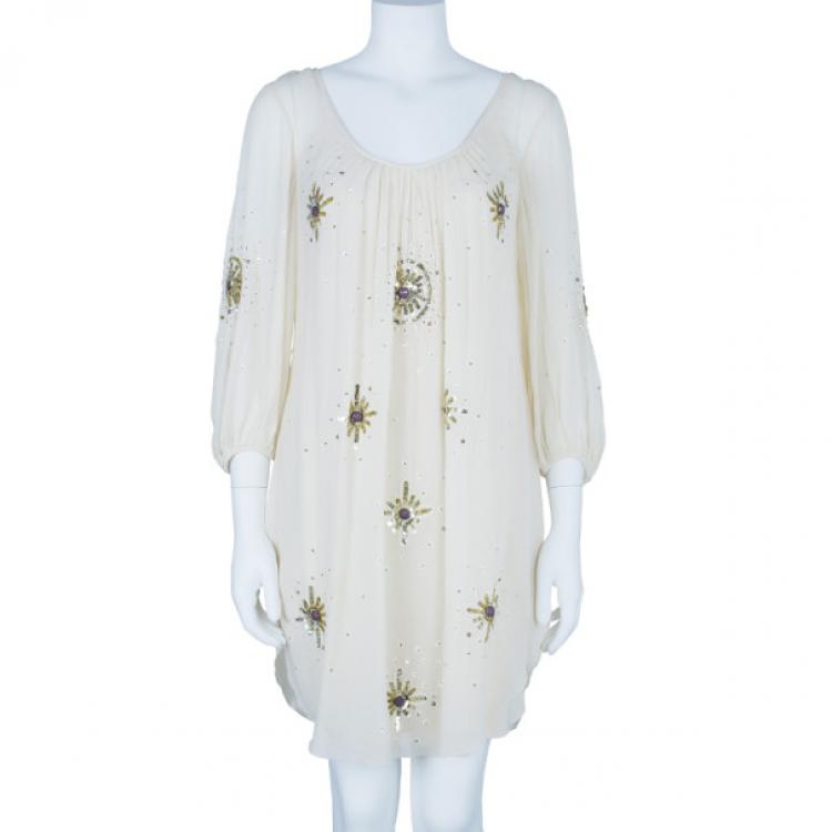 Pre Owned Temperley London Beige Embellished Chiffon Dress M