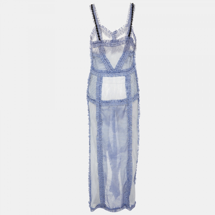 Pre Owned The Attico Blue Striped Cotton & Silk Ruffled Detail Slit Maxi Dress M