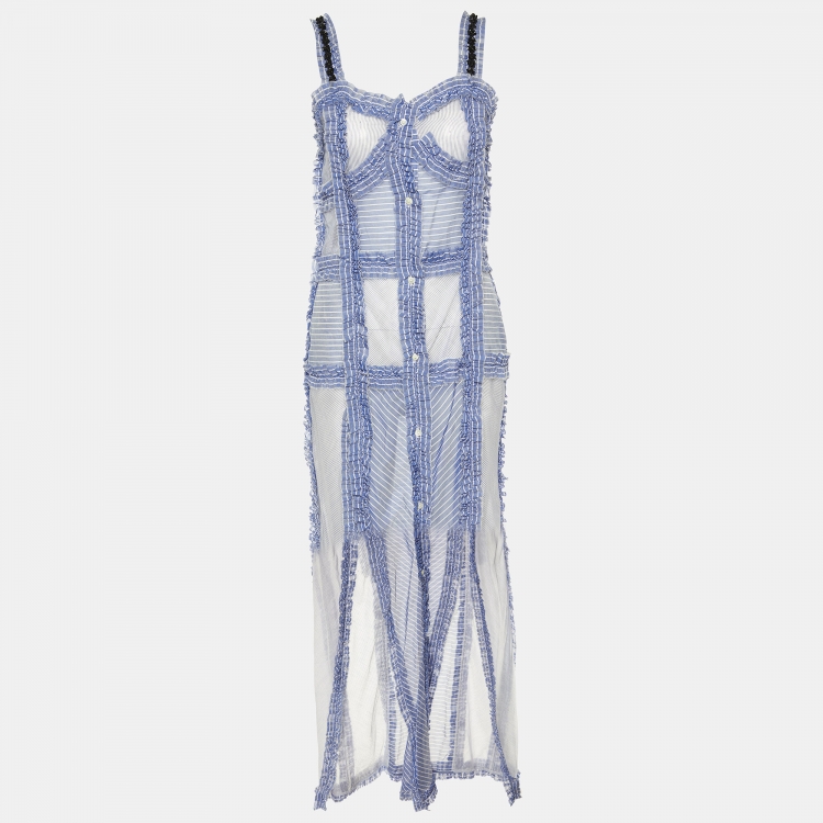 Pre Owned The Attico Blue Striped Cotton & Silk Ruffled Detail Slit Maxi Dress M