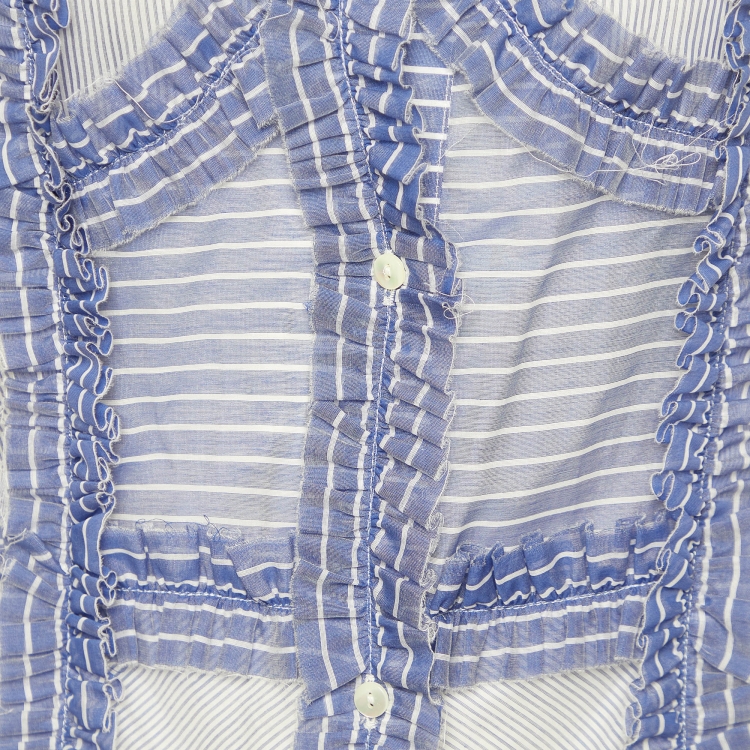 Pre Owned The Attico Blue Striped Cotton & Silk Ruffled Detail Slit Maxi Dress M
