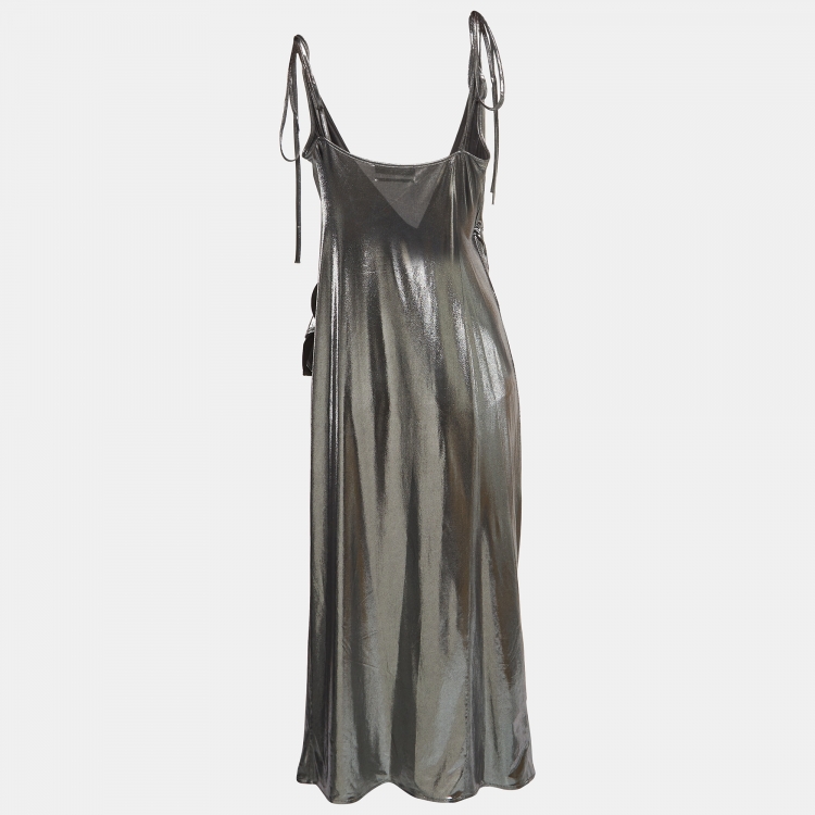 Pre Owned The Attico Metallic Silver Lamé Shoulder Strap Midi Wrap Dress M
