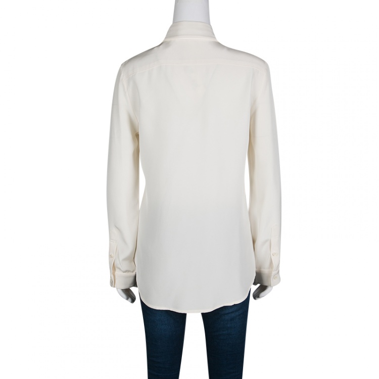 Pre Owned The Row Cream Silk Leather Trim Long Sleeve Button Front Shirt M