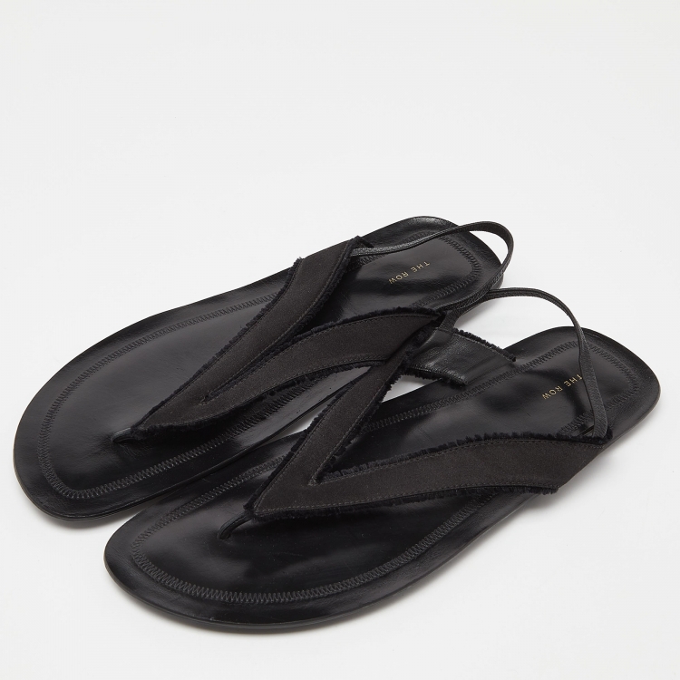 Pre Owned The Row Black Satin and Leather Slingback Flat Sandals Size 39