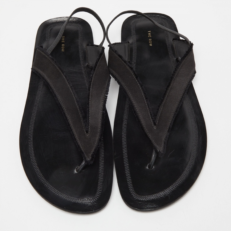 Pre Owned The Row Black Satin and Leather Slingback Flat Sandals Size 39