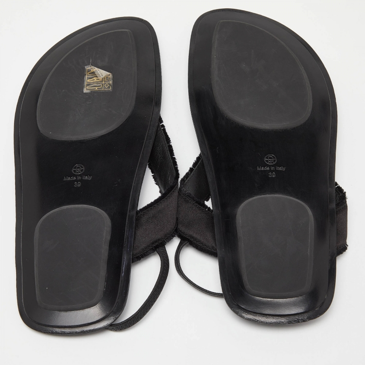 Pre Owned The Row Black Satin and Leather Slingback Flat Sandals Size 39