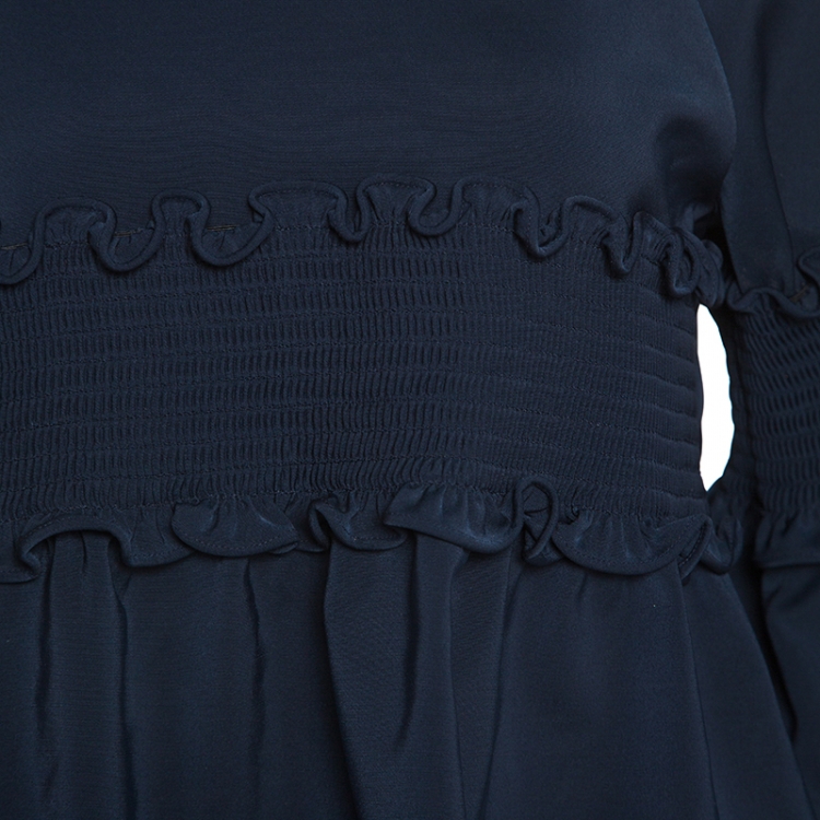 Pre Owned Tibi Navy Blue Stretch Jersey Smocked Detail Bell Sleeve Top M