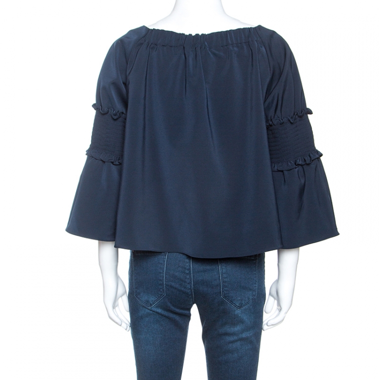 Pre Owned Tibi Navy Blue Stretch Jersey Smocked Detail Bell Sleeve Top M