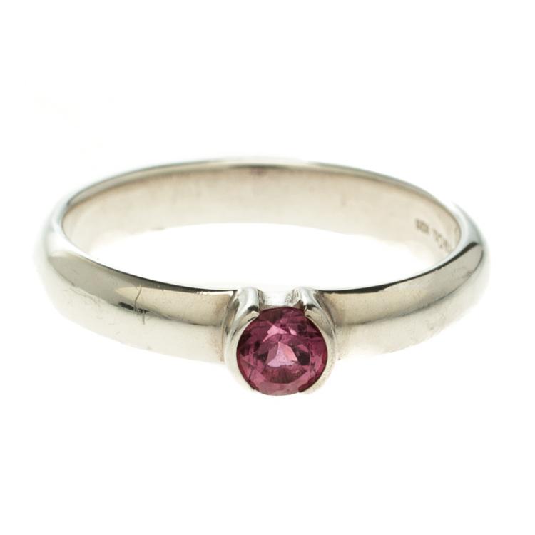 Pre Owned Tiffany & Co. Round Pink Tourmaline Silver Stacking Ring Size 53