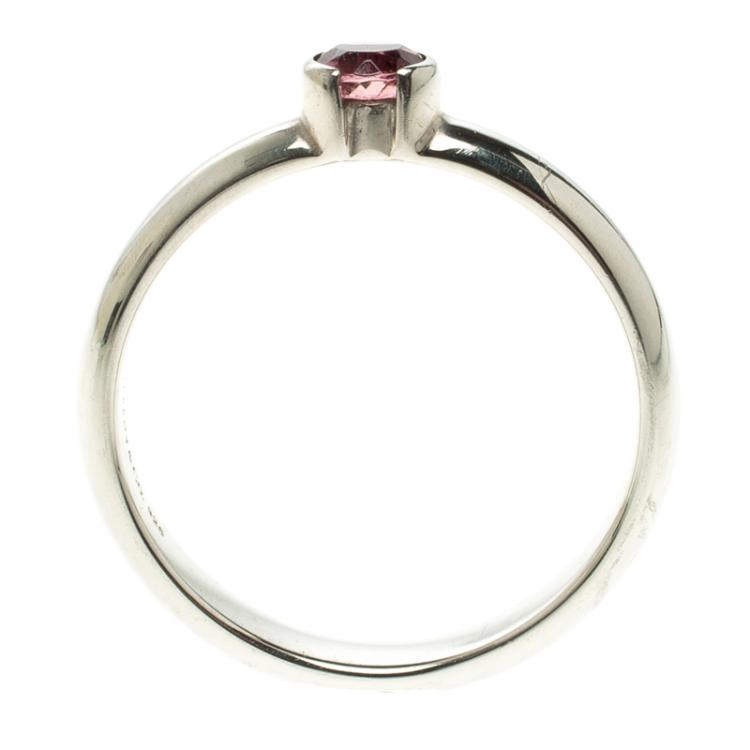 Pre Owned Tiffany & Co. Round Pink Tourmaline Silver Stacking Ring Size 53