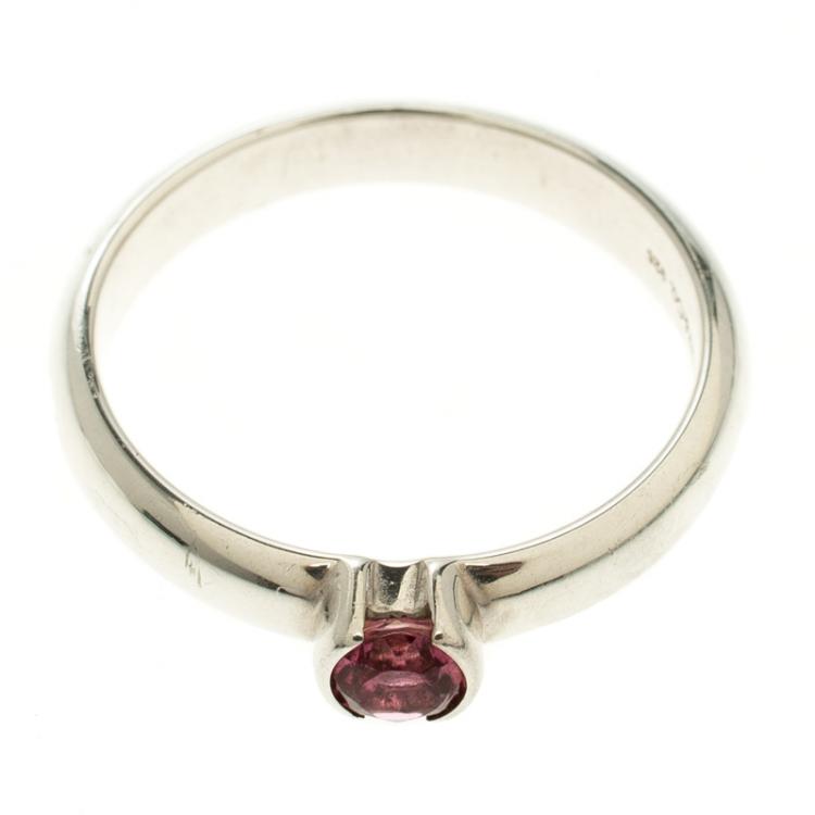 Pre Owned Tiffany & Co. Round Pink Tourmaline Silver Stacking Ring Size 53