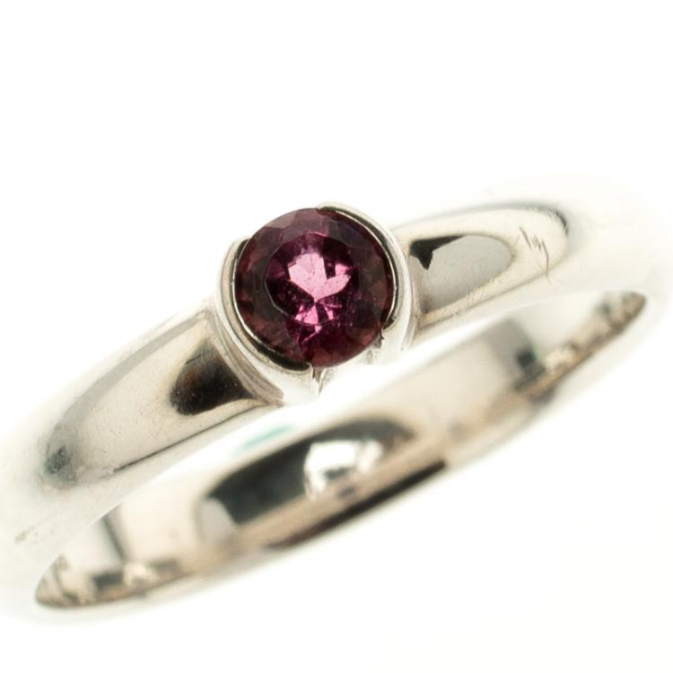 Pre Owned Tiffany & Co. Round Pink Tourmaline Silver Stacking Ring Size 53