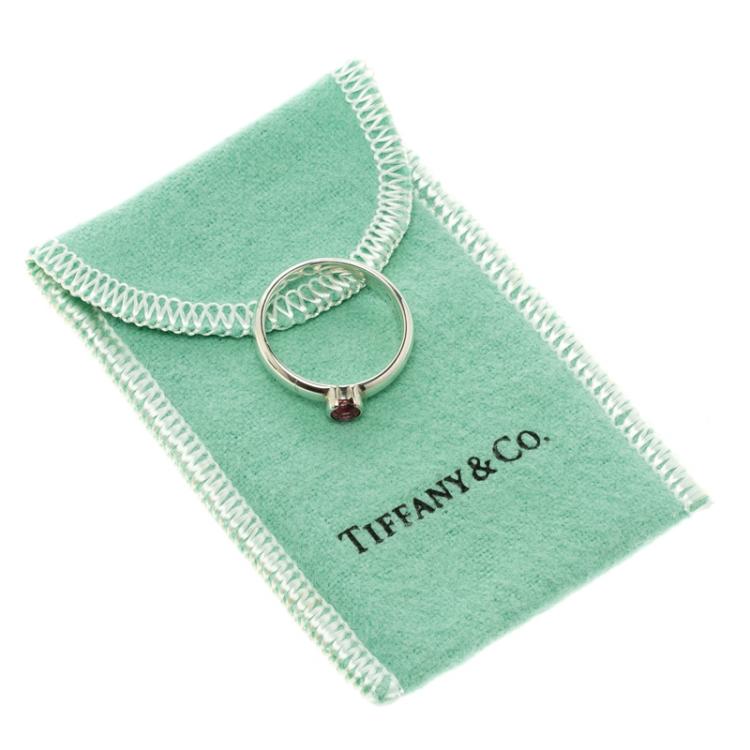 Pre Owned Tiffany & Co. Round Pink Tourmaline Silver Stacking Ring Size 53