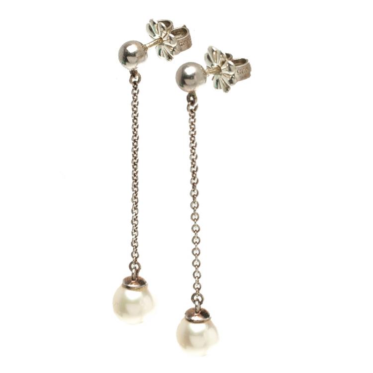 Pre Owned Tiffany & Co. Ziegfeld Collection Cultured Pearl Silver Drop Earrings