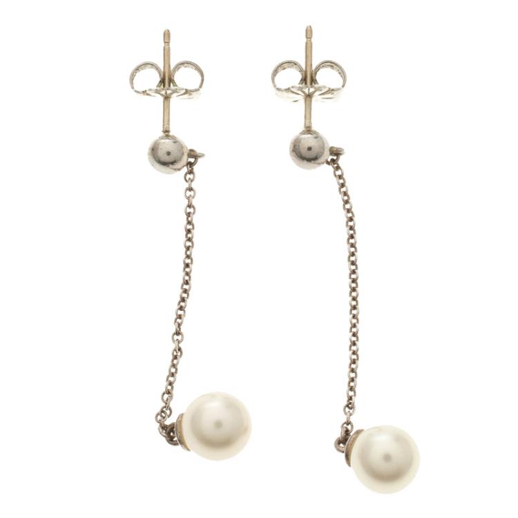 Pre Owned Tiffany & Co. Ziegfeld Collection Cultured Pearl Silver Drop Earrings