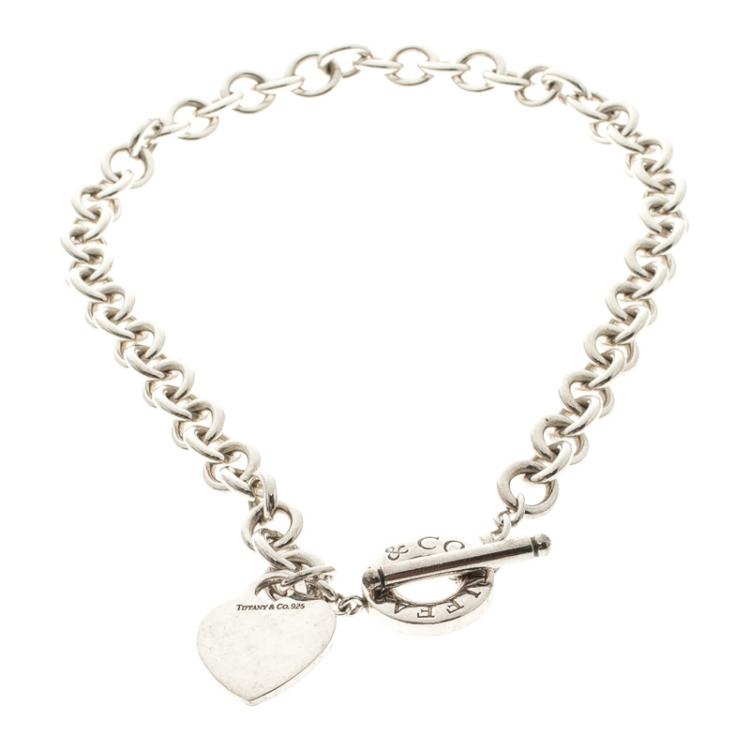 Pre Owned Tiffany & Co. Heart Tag Charm Silver Chain Toggle Necklace 